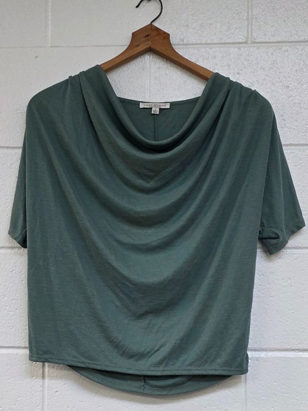 Green Envelope LA Cowl Neck Draped Top Sage Green Size L Open Back